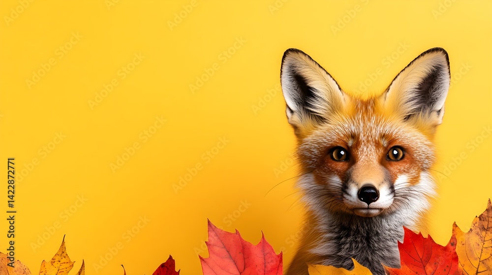 Obraz premium Cute fox portrait with autumn leaves on bright yellow background
