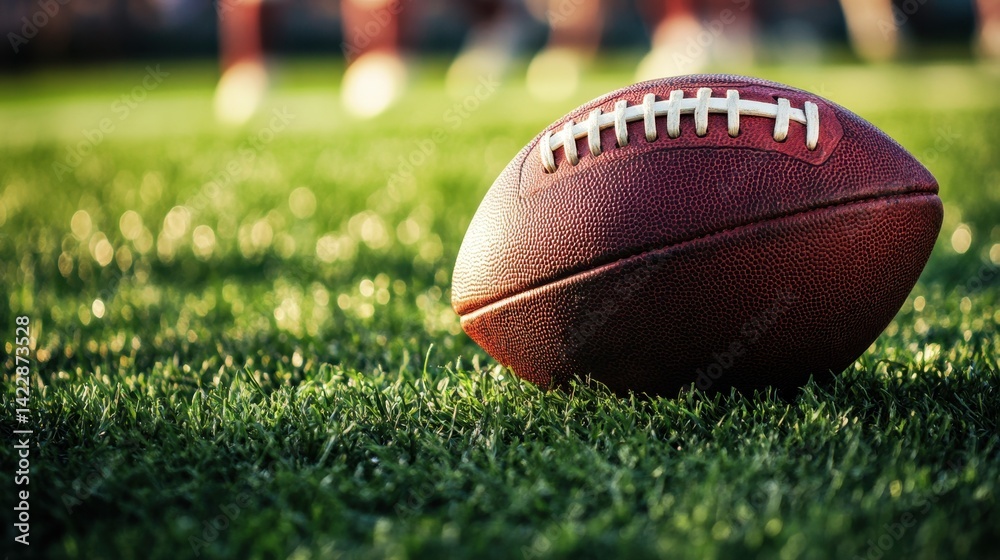 Obraz premium A close-up view of a leather football resting on a vibrant green grass field. The scene captures the essence of outdoor sports and competition, emphasizing excitement and teamwork.