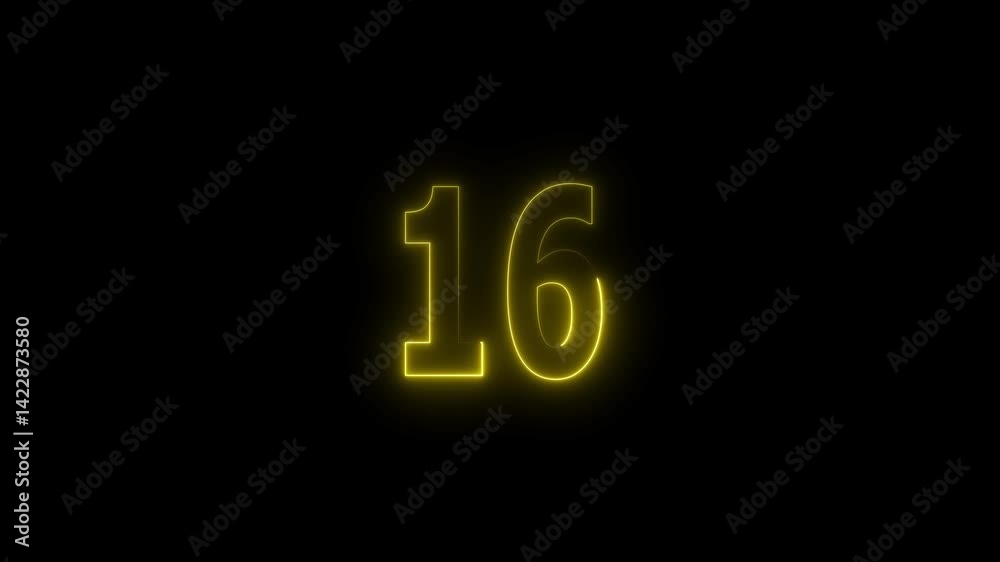 Glowing neon countdown 16 number animation. Glowing neon countdown 16 number animation.