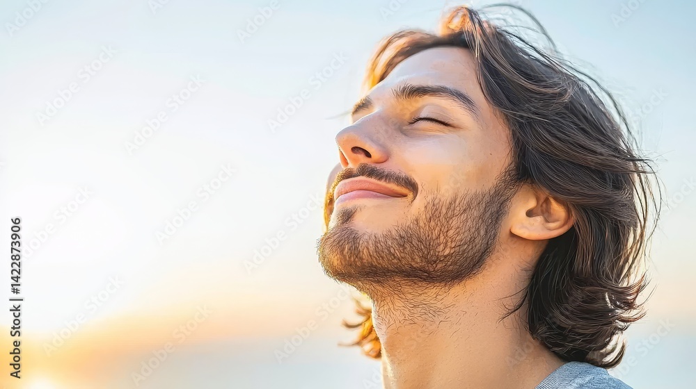 Relaxed Man Enjoying the Ocean Breeze with Sun-Kissed Skin at Sunset Relaxed Man Enjoying the Ocean Breeze with Sun-Kissed Skin at Sunset
