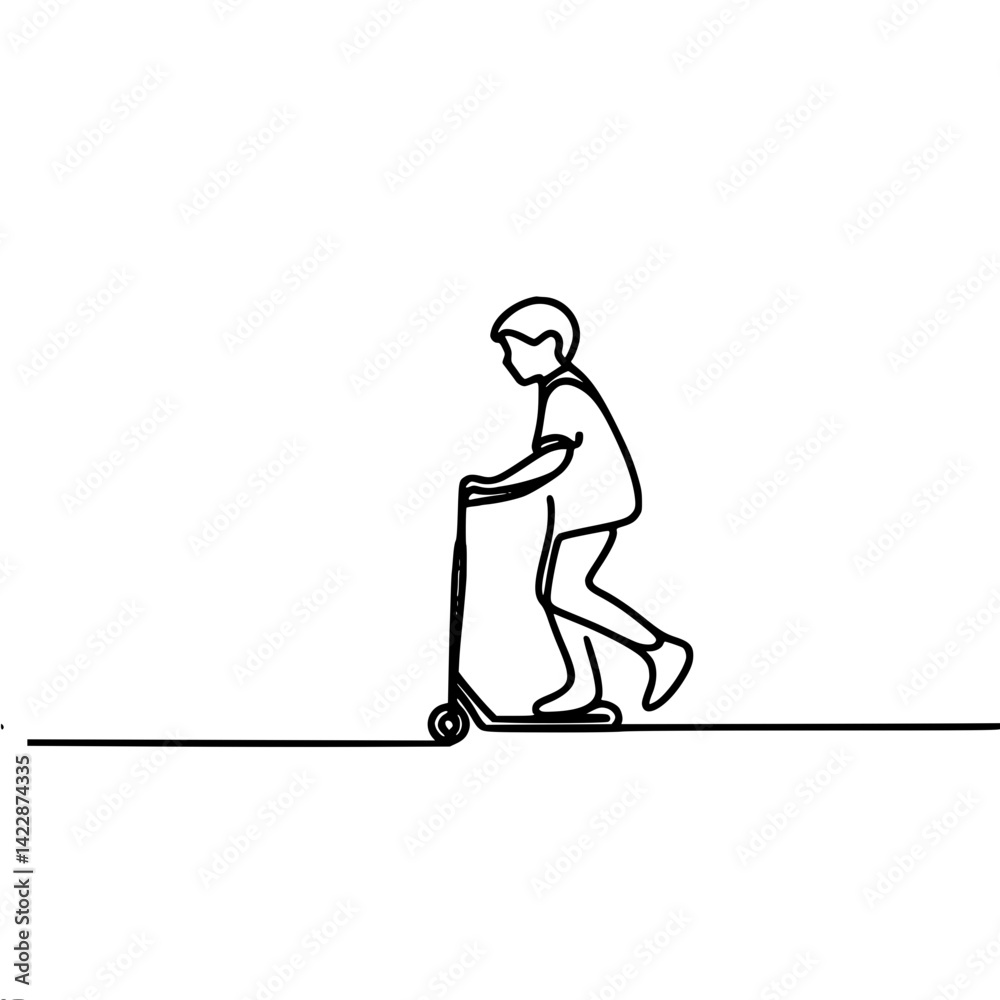 Child riding a scooter in a simple line art style, single line outline vector  
