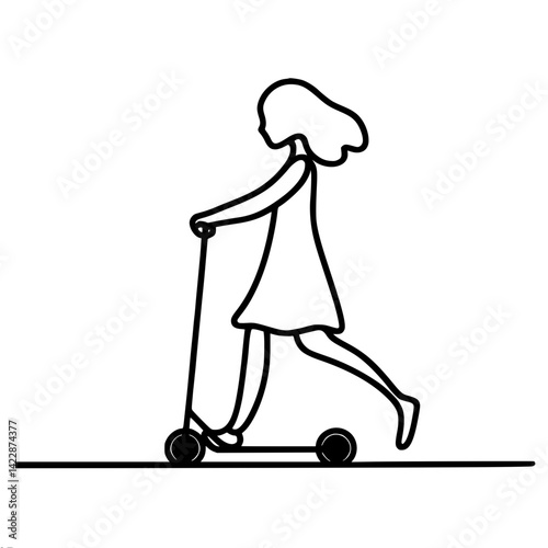 Girl riding scooter in motion with minimal outline style , single line outline vector 