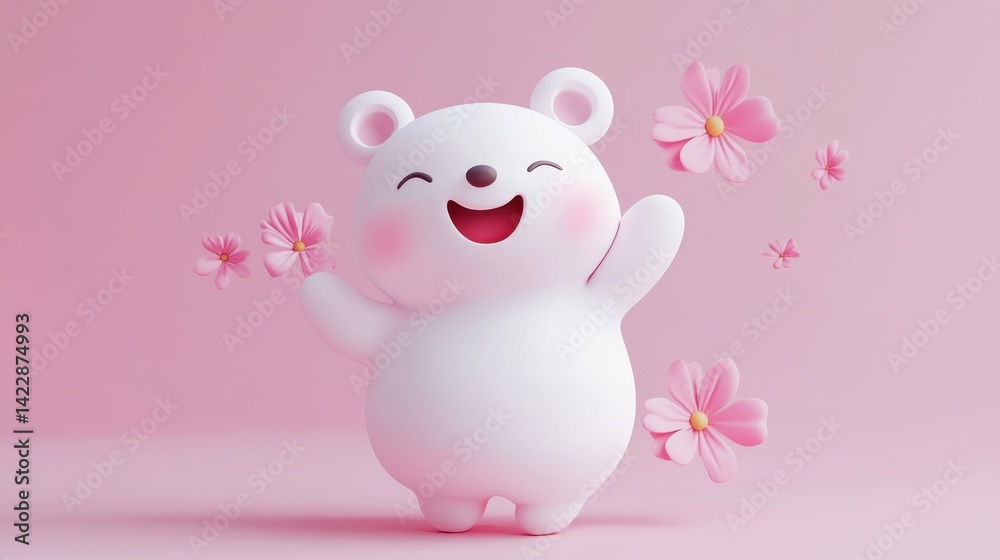 Obraz premium This adorable cartoon bear character radiates joy and playfulness, surrounded by soft pink flowers on a pastel background, perfect for children's designs.