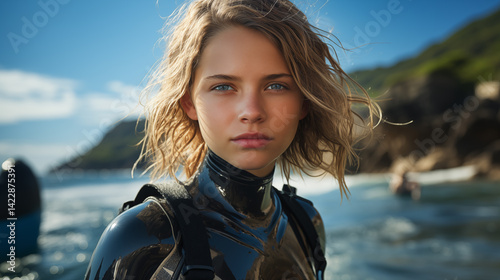 girl at sea in sunny day.  girl splash in sea