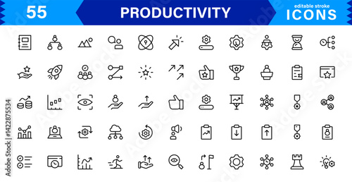 Professional Productivity Icon Set Vector Illustration. The Most Useful Icons for Time Management, Task Tracking, and Workplace Organization.