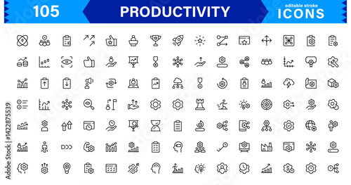 Professional Productivity Icon Set Vector Illustration. The Most Useful Icons for Time Management, Task Tracking, and Workplace Organization.