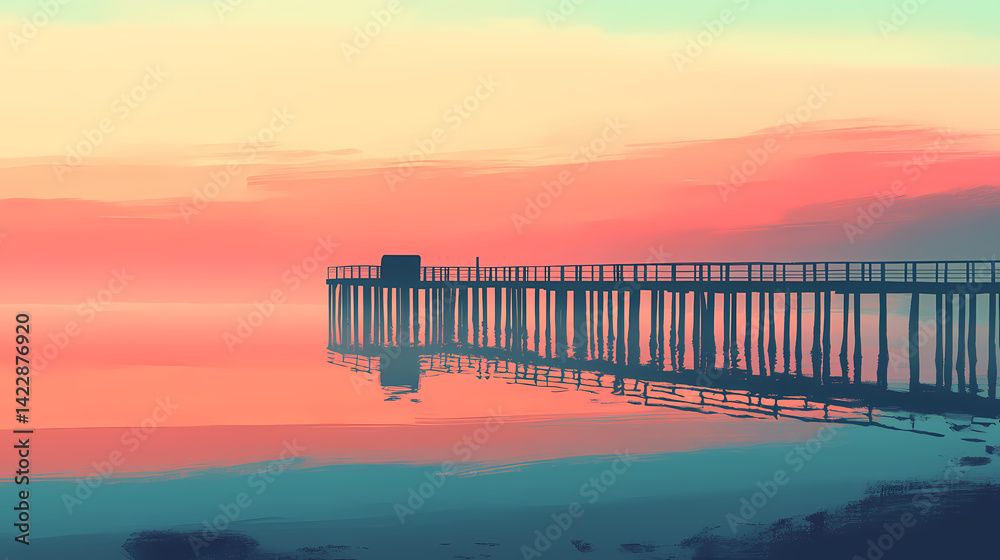 Fototapeta premium Captivating minimalist landscape with a misty pier or boardwalk reflected in the calm tranquil waters bathed in a serene spectrum of warm and cool tones the atmospheric. Reverie Waters. Illustration