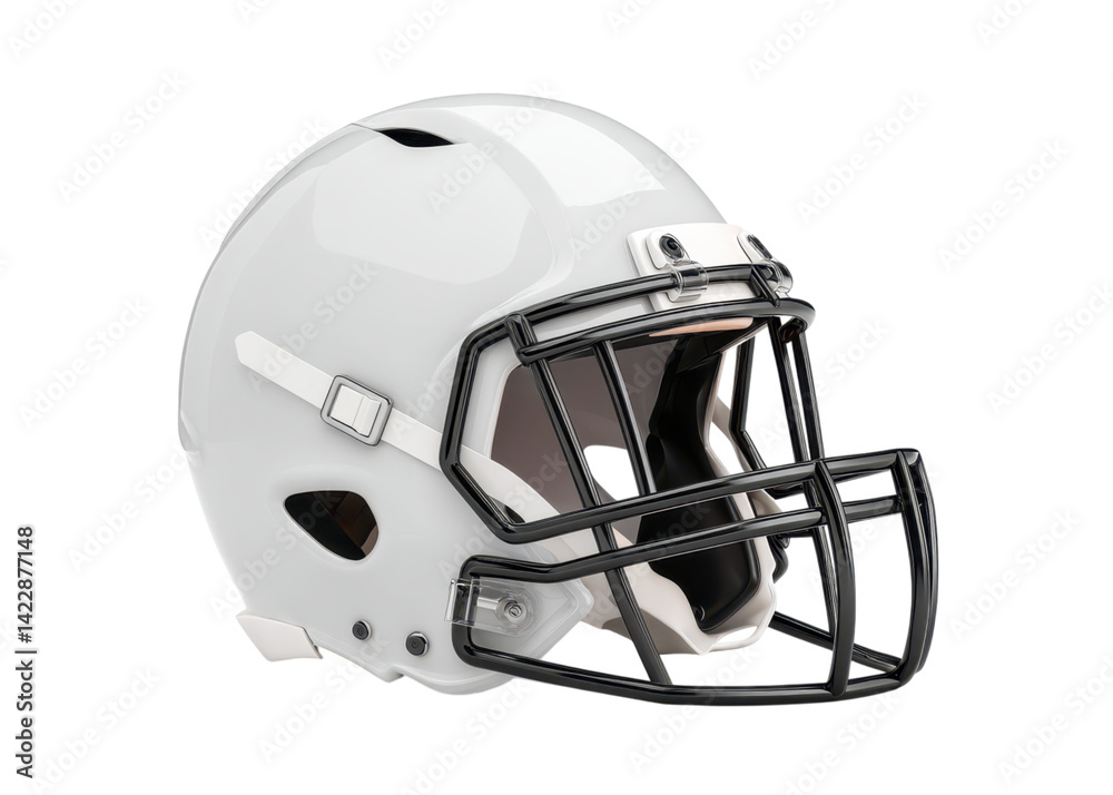 Fototapeta premium White American football helmet with black face mask on a transparent background. Sports equipment for protection.
