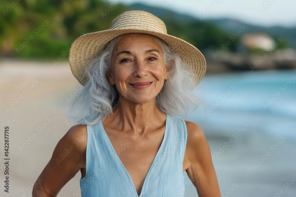 Happy senior woman wearing straw hat enjoying summer vacation on the beach
