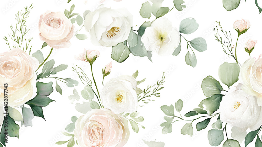 Fototapeta premium Delicate Watercolor Seamless Pattern Featuring White and Pink Roses Against a Soft White Background Perfect for Various Creative Projects and Designs