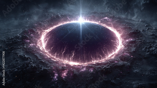 Cosmic portal framed in glossy obsidian radiates swirling violet and gold energy waves revealing a starry void beyond symbolizing mystery transition higher consciousness and the allure of the unknown
 photo