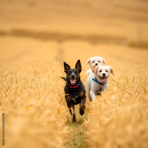 Family dogs enjoying romping in golden wheat field at Pickmere, Knutsford, Cheshire, UK