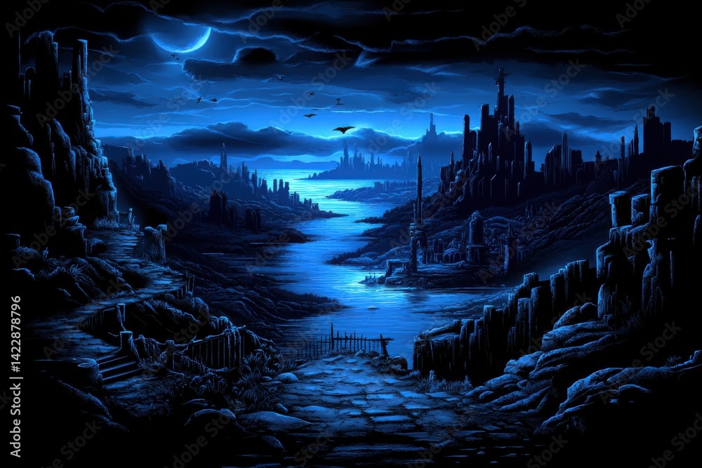 Naklejka premium A dark, moody landscape featuring a river and jagged mountains under a night sky, infused with shades of blue and black, evoking a sense of mystery.