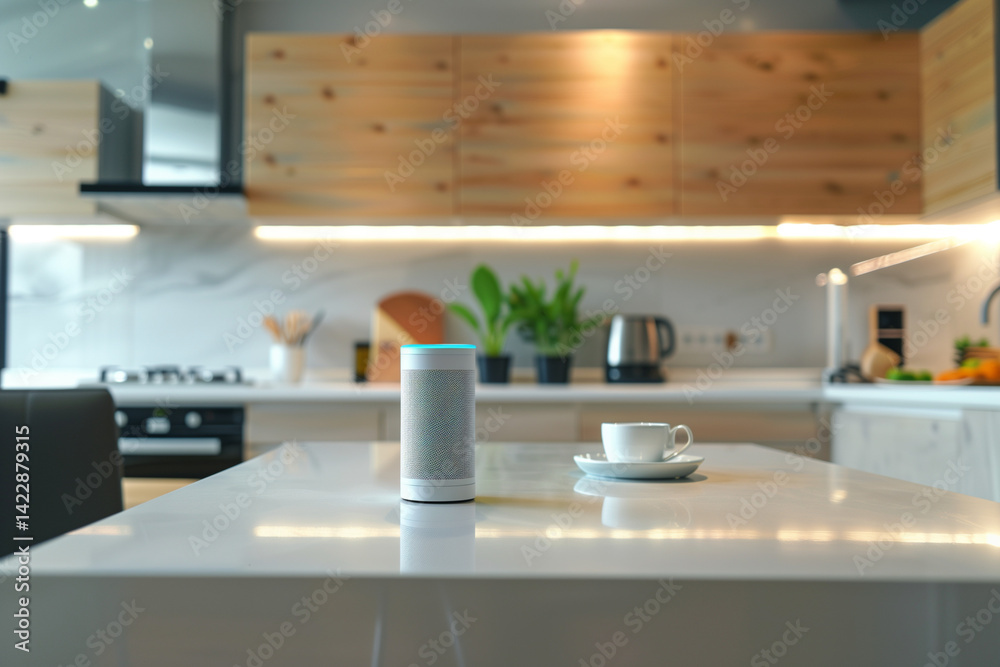 Smart home devices in modern kitchen, voice assistant, smart speaker, smart fridge, technology lifestyle Smart home devices in modern kitchen, voice assistant, smart speaker, smart fridge, technology lifestyle
