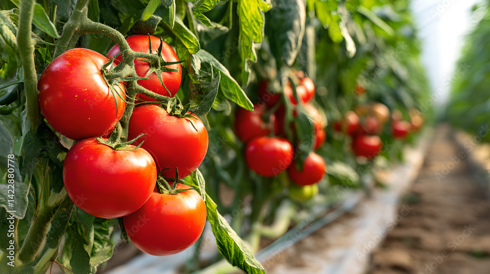 Ripe Red Tomatoes Growing on Vines in a Greenhouse, Indicating a Healthy and Abundant Harvest in a Controlled Environment. Ripe Red Tomatoes Growing on Vines in a Greenhouse, Indicating a Healthy and Abundant Harvest in a Controlled Environment.
