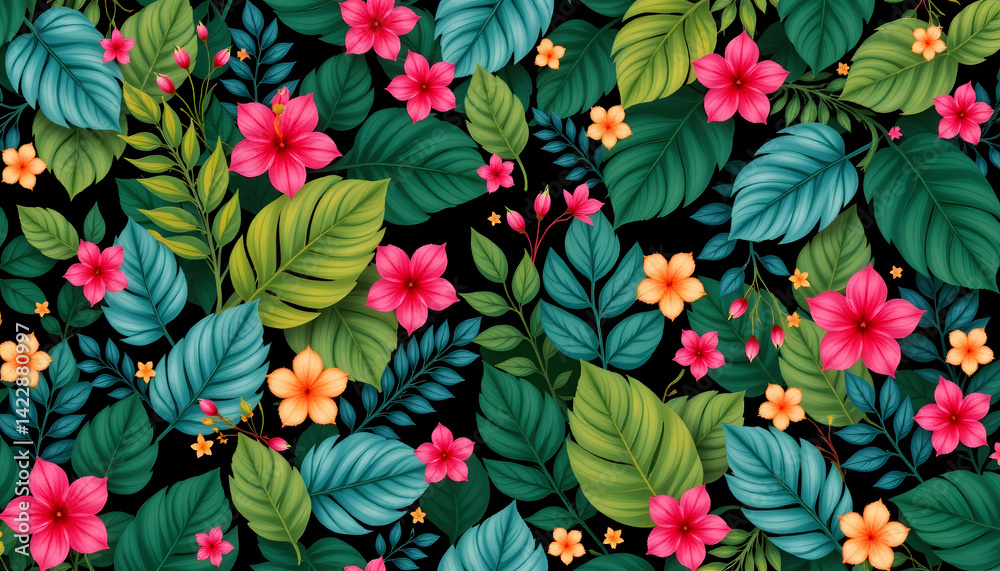 A vibrant and lush tropical leaves background with a variety of green floral patterns, creating a stunning forest inspired illustration perfect for adding texture and depth to any design project. A vibrant and lush tropical leaves background with a variety of green floral patterns, creating a stunning forest inspired illustration perfect for adding texture and depth to any design project.