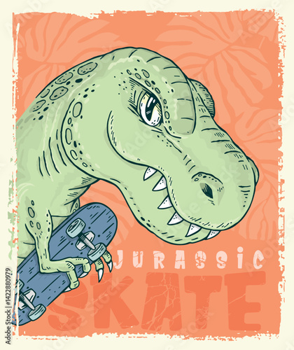 Tyrannosaurus Rex holding a skateboard. Cartoon style art.