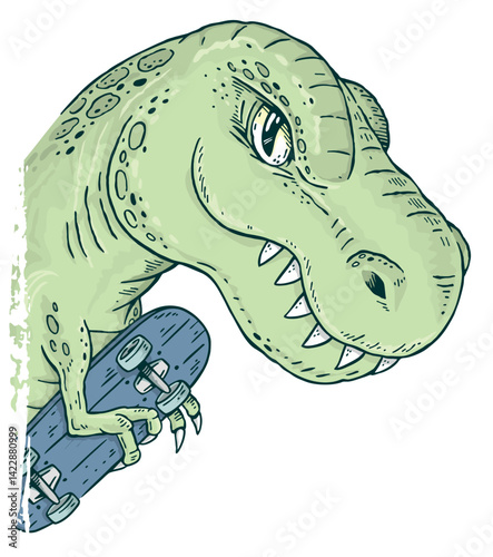 Tyrannosaurus Rex holding a skateboard. Cartoon style art.