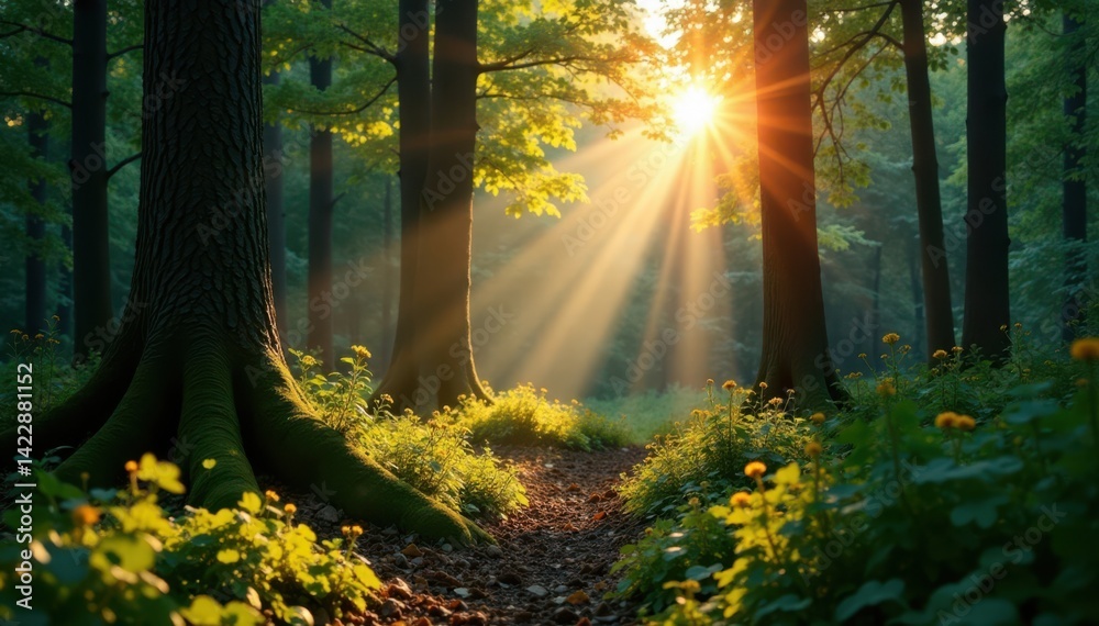 Obraz premium Wald scenery with sunbeams illuminating tree trunks and undergrowth, forest scenery, environment