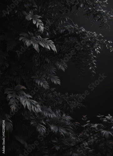 Intricate network of dark tropical foliage, vines, and shadows against a stark black backdrop Mysterious, dense, and deeply saturated tones , photography, illustration, botanical
