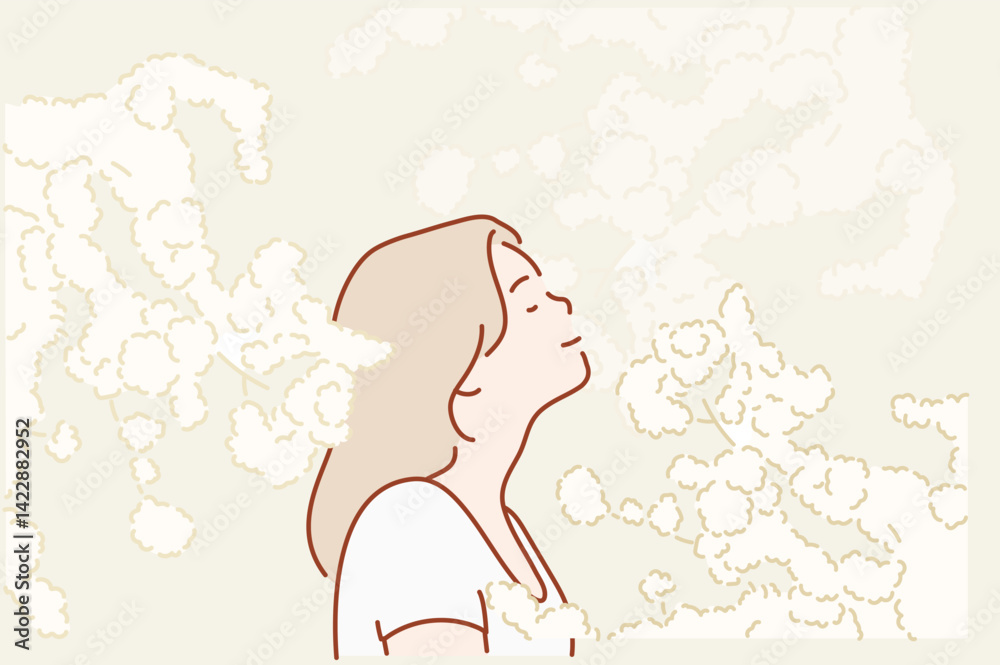 woman inhales the fragrance of spring flowers of blooming jasmine or cherry tree. Spring time concept. Hand drawn style vector design illustrations.