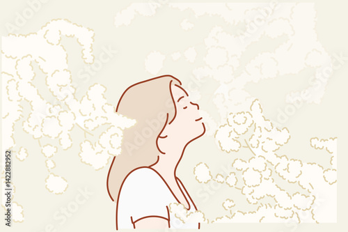 woman inhales the fragrance of spring flowers of blooming jasmine or cherry tree. Spring time concept. Hand drawn style vector design illustrations.