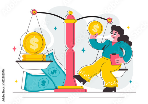 Illustration of Comparing Prices and Inflation in the Economy, featuring a Balance Scale with Goods and Price Tags to Represent Economic Value Changes