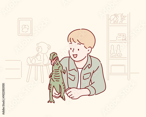 Children play with dinosaur toys. Evolution and paleontology game for young kid. Hand drawn style vector design illustrations.