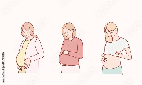 beautiful pregnant women. Hand drawn style vector design illustrations.