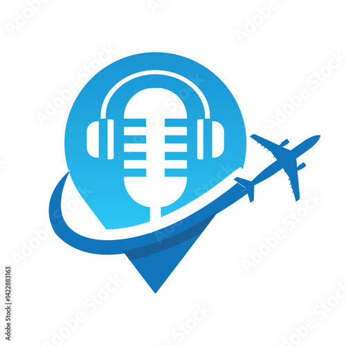 A blue logo of a drop pin icon with a podcast microphone with an airplane flying cut through it for traveling podcast show logo