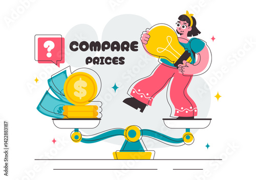Illustration of Comparing Prices and Inflation in the Economy, featuring a Balance Scale with Goods and Price Tags to Represent Economic Value Changes
