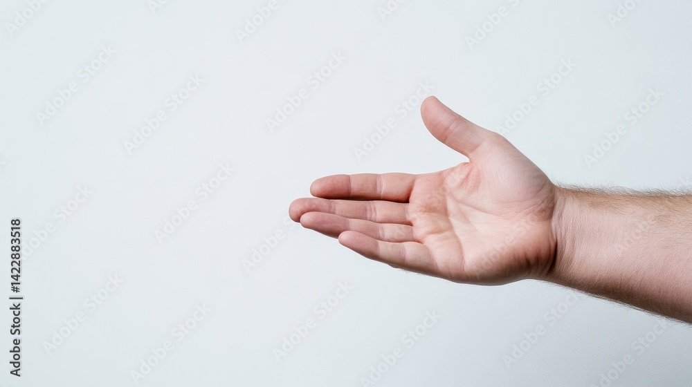 A persons open hand extended forward against a plain white background, close-up shot with natural lighting, and minimalistic composition. A persons open hand extended forward against a plain white background, close-up shot with natural lighting, and minimalistic composition.