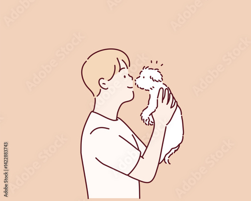 Male pet owner plays with little dog. Caring for four-footed friend concept. Happy man holding cute puppy friend. Hand drawn style vector design illustrations.