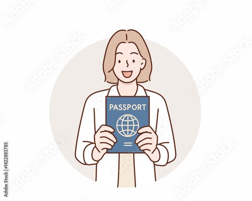 Happy man holding passport. Travel, trip, summer time, vacation. Hand drawn style vector design illustrations.