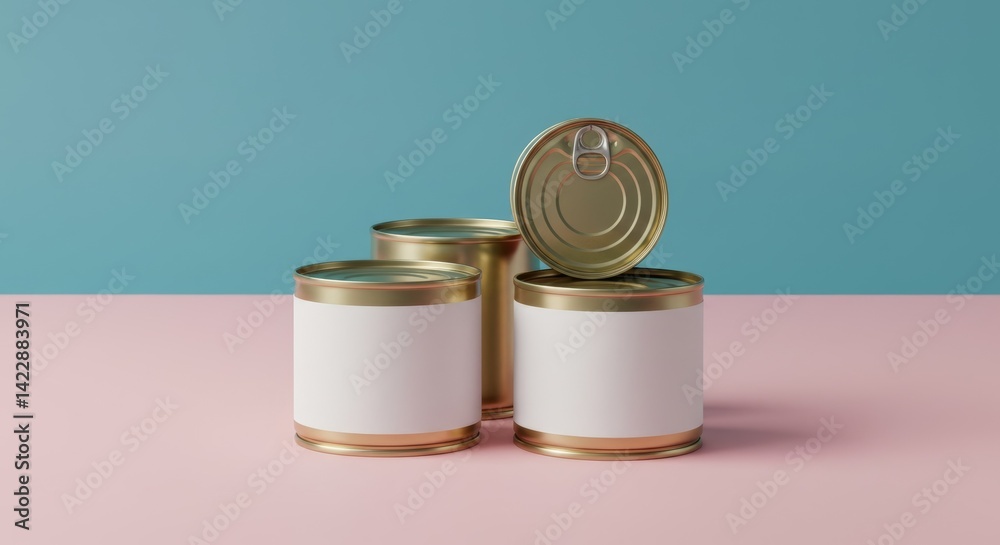 Gold Canned Goods Mockup with Blank Labels on Dual-Tone Background Gold Canned Goods Mockup with Blank Labels on Dual-Tone Background