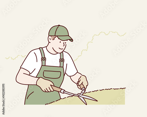 Gardener Trimming the Garden. Hand drawn style vector design illustrations.
