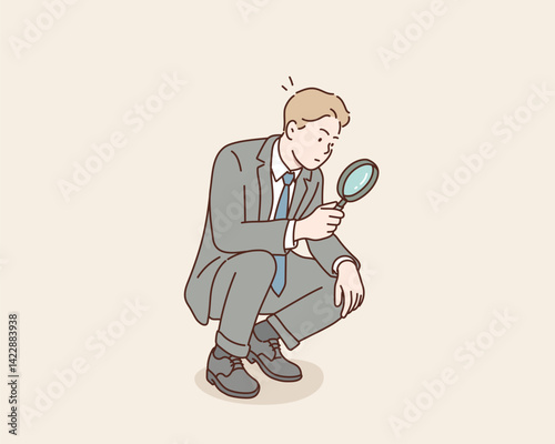 Businessperson Examining with a Magnifying Glass. Hand drawn style vector design illustrations.