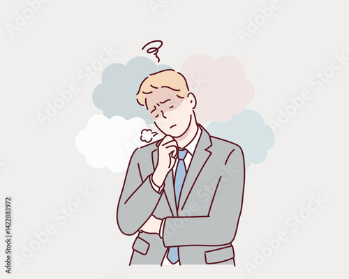 Stressed Office man Sighing at Work.  Hand drawn style vector design illustrations.