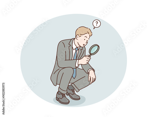 Businessperson Examining with a Magnifying Glass. Hand drawn style vector design illustrations.