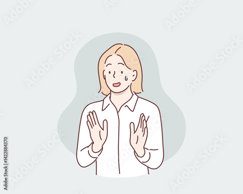Woman Showing Discomfort and Refusal with Hands Raised. Hand drawn style vector design illustrations.