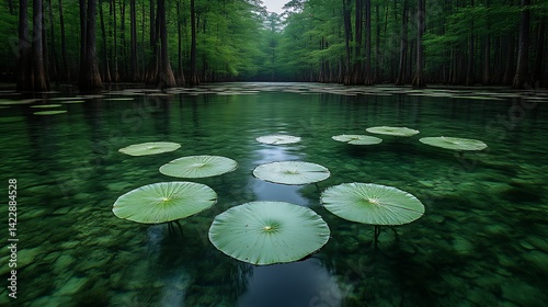 Tranquil swamp with lily pads.