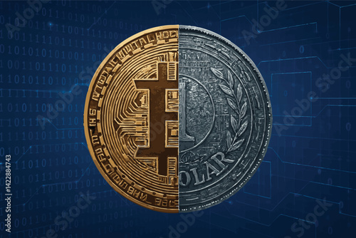 Half digital bitcoin and half traditional dollar coin, representing contrast between cryptocurrency and fiat money in digital economy against a binary code background. Concept of crypto vs. coin.