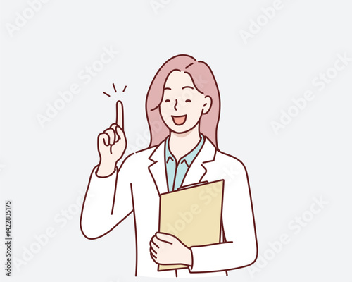 Business woman pointing finger at something. Happy face. Hand drawn style vector design illustrations.