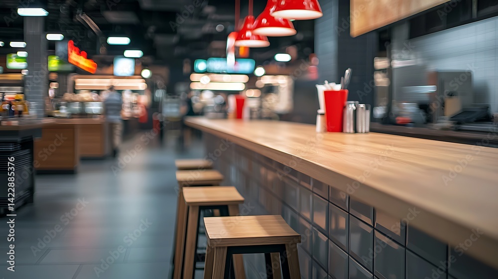 Obraz premium A modern, stylish cafe interior featuring a wooden counter, red light fixtures, and empty stools, creating a welcoming atmosphere.