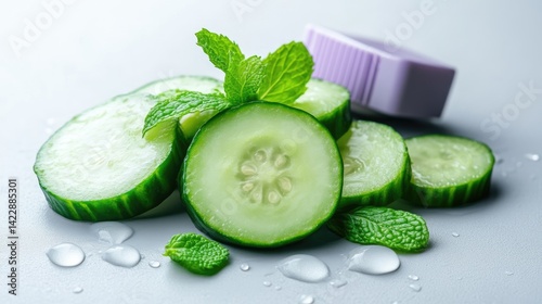 Fresh cucumber slices with mint leaves