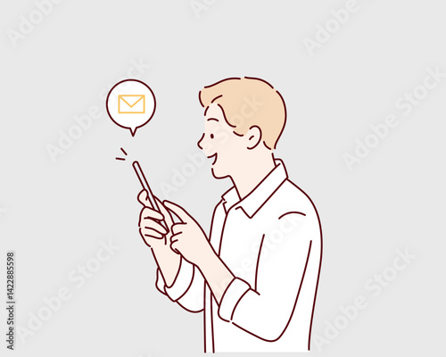 Man Messaging With Phone. Hand drawn style vector design illustrations.