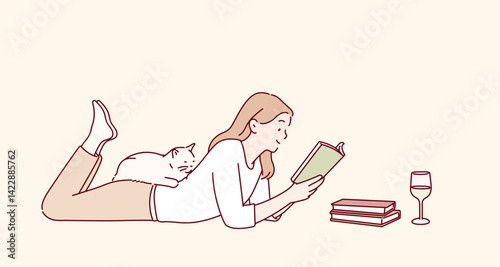 A young woman lying on the floor reading a book. With a cat. Hand drawn style vector design illustrations.
