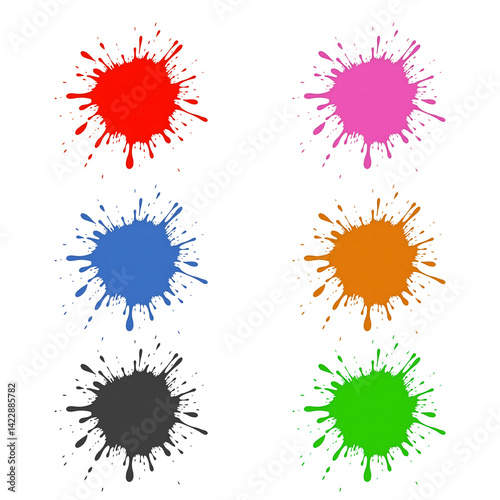 A vertical arrangement of colorful paint splatters in red, pink, blue, orange, black, and green on a white background