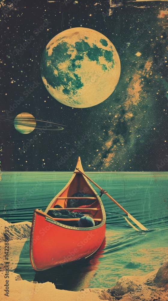 Collage Retro dreamy kayak astronomy outdoors vehicle.