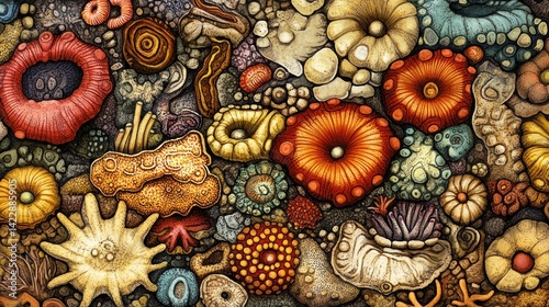 Colorful marine organisms on seabed